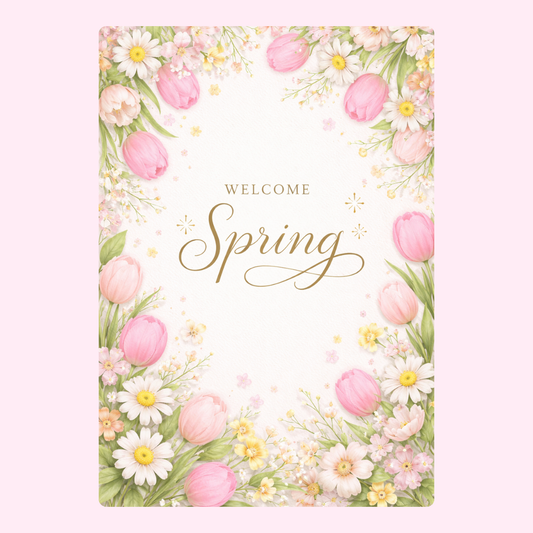 Watercolour spring greeting card with pink tulips, soft flowers and elegant Welcome Spring message