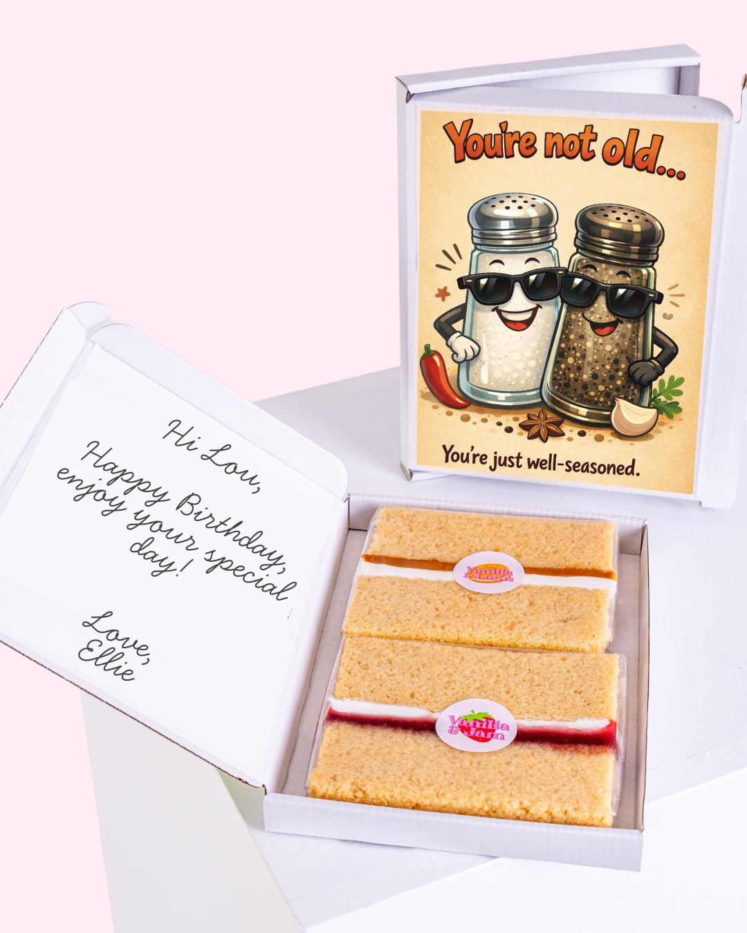 Birthday cake slice gift box with funny well seasoned salt and pepper birthday card