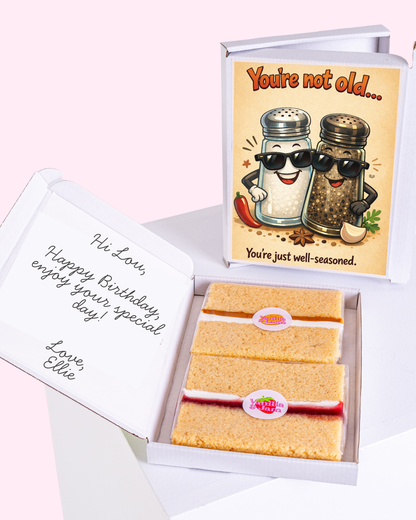 Birthday cake slice gift box with funny well seasoned salt and pepper birthday card