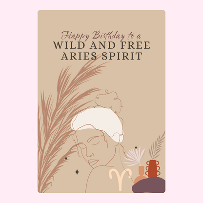Boho style Aries birthday card with minimalist feminine artwork and wild free Aries spirit message