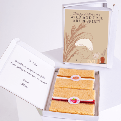 Aries birthday cake gift box with boho feminine illustration and wild free Aries spirit quote
