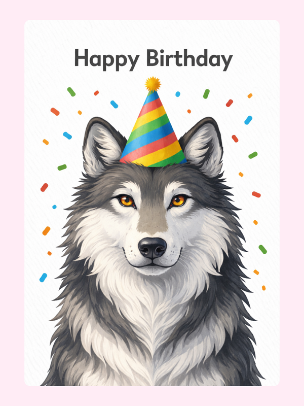 Wolf wearing party hat birthday card
