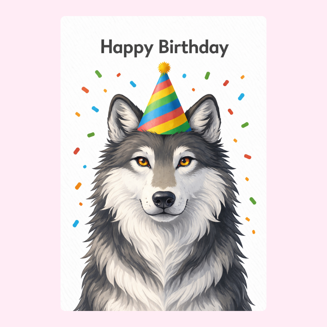 Wolf wearing party hat birthday card