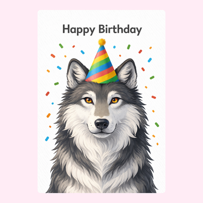 Wolf wearing party hat birthday card
