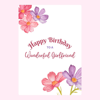 Watercolor floral birthday card for wonderful girlfriend with pink and purple flowers