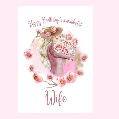 Elegant floral birthday cake card for wife with pink flower illustration

