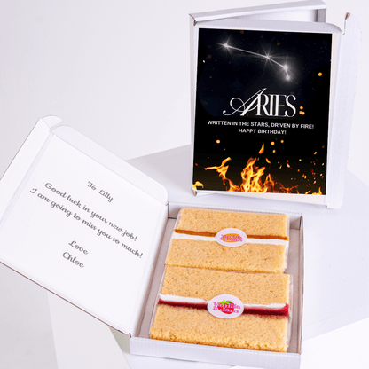 Aries birthday cake gift box with glowing constellation stars and fiery flame design