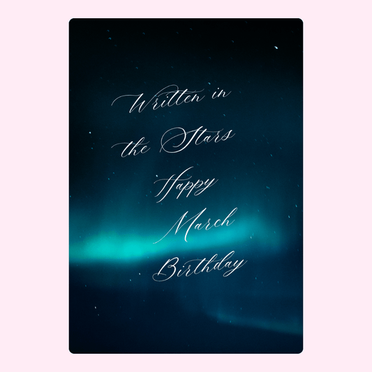 Dark celestial Written in the Stars happy March birthday edible greeting card with glowing night sky design