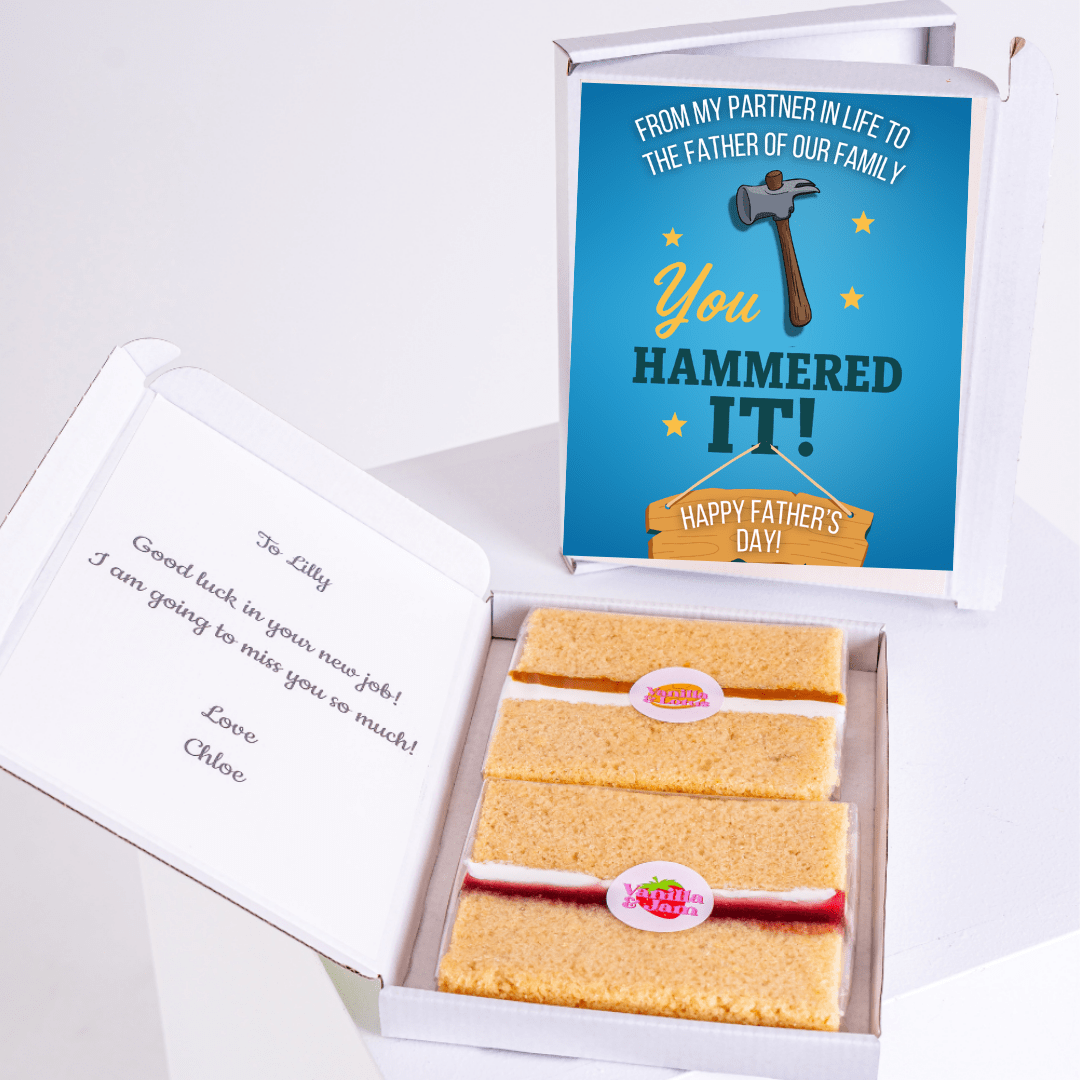 You Hammered It Father’s Day cake card with cake inside