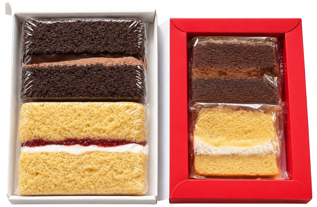 MailBakes cake card slice vs competitor, shown to scale, 150g vs 85g